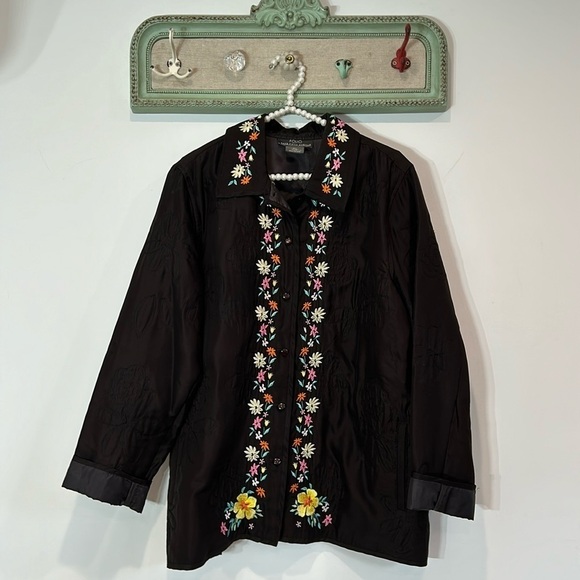 Saks Fifth Avenue Silk Alpine Boho Folk Embroidered Long Jacket Coat black XL - Picture 1 of 7